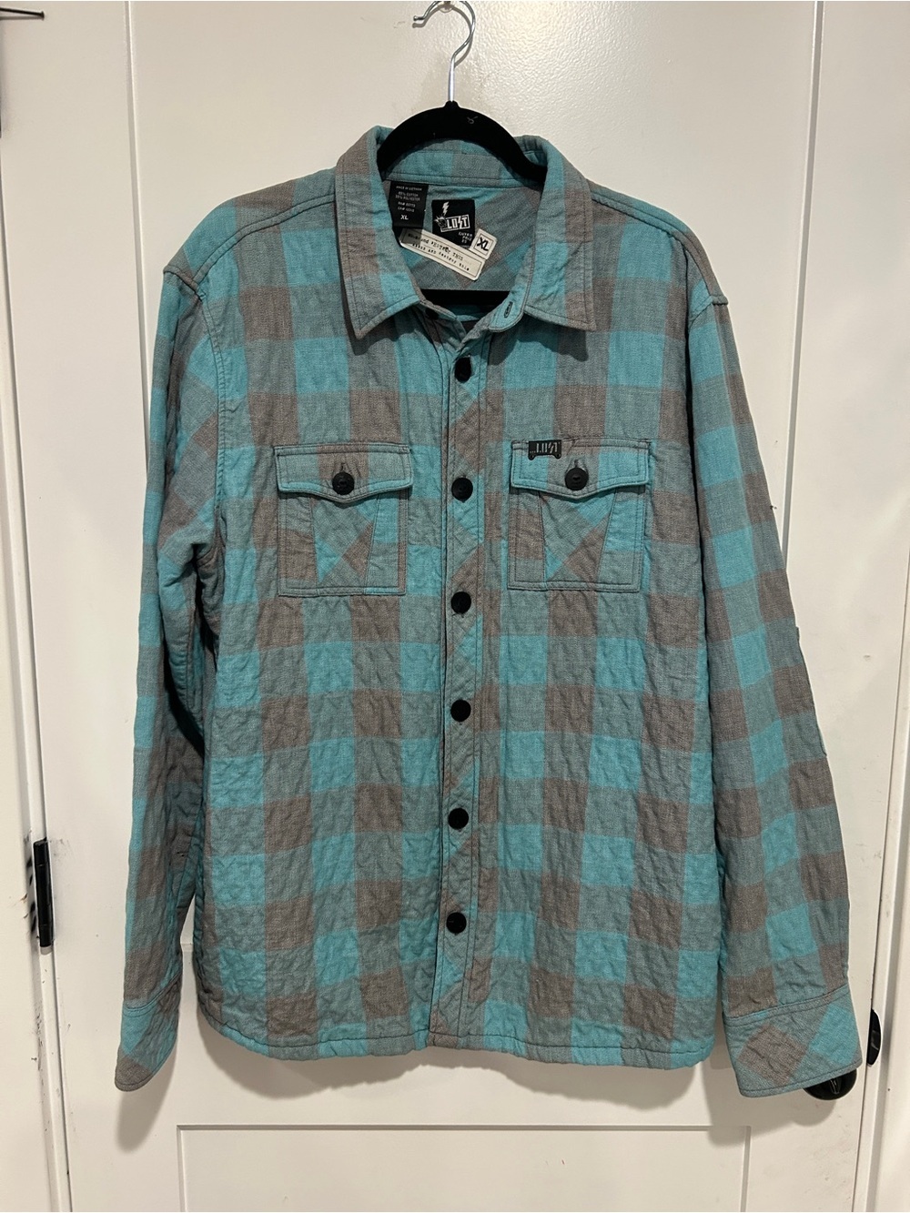 Vintage Lost Enterprises Men's Quilted Plaid Shirt Jacket in Teal & Gray size XL